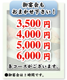 御宴会もおまかせ下さい!3,500円、4,000円、5,000円、6,000円コースがございます。ご宴会は2時間です。